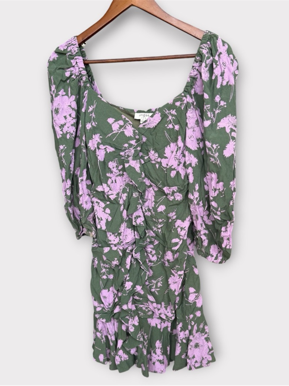 Umgee Green Pink Floral Mini Dress Balloon Sleeves Rouched Ruffle Size Small - Picture 2 of 7